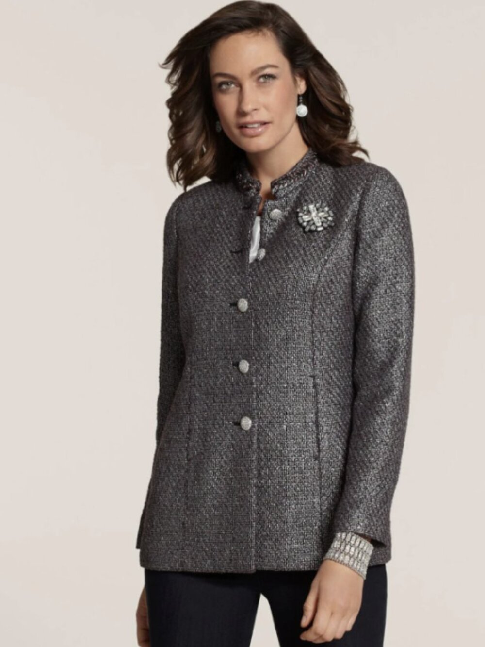 Chico's Textured Tweed Jacket in Silver Metallic Boucle Rhinestone Button Blazer